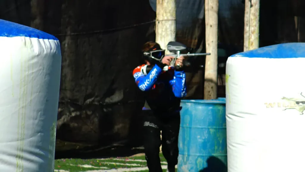 Professional paintball players competing at a tournament
