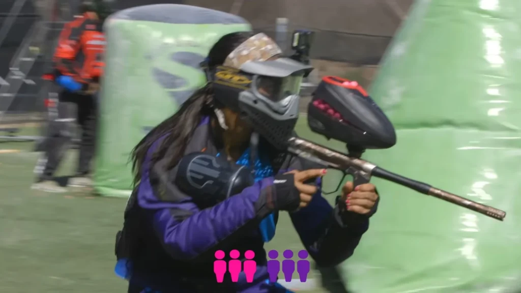 Players in a paintball game that lasts several minutes per round