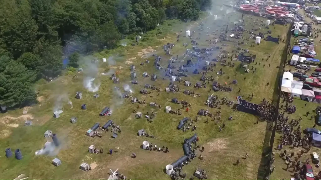 An outdoor paintball field showing its size and layout
