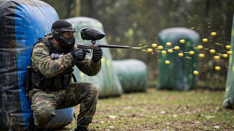 Paintball player firing a steady lane of paint off the break, paintballs visible in flight
