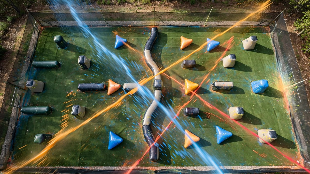Aerial view of paint streams crossing between bunkers on a speedball field