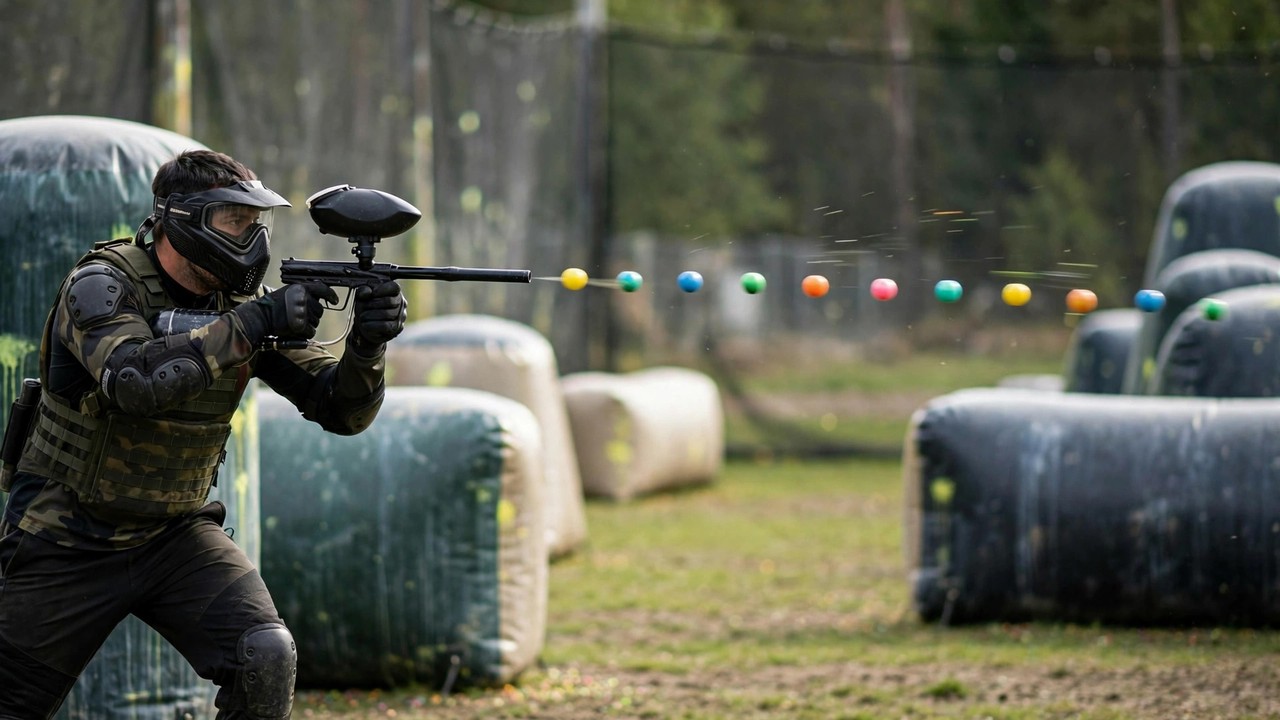 Paintball player firing so paintballs form a steady visible rope in mid-air on a single lane