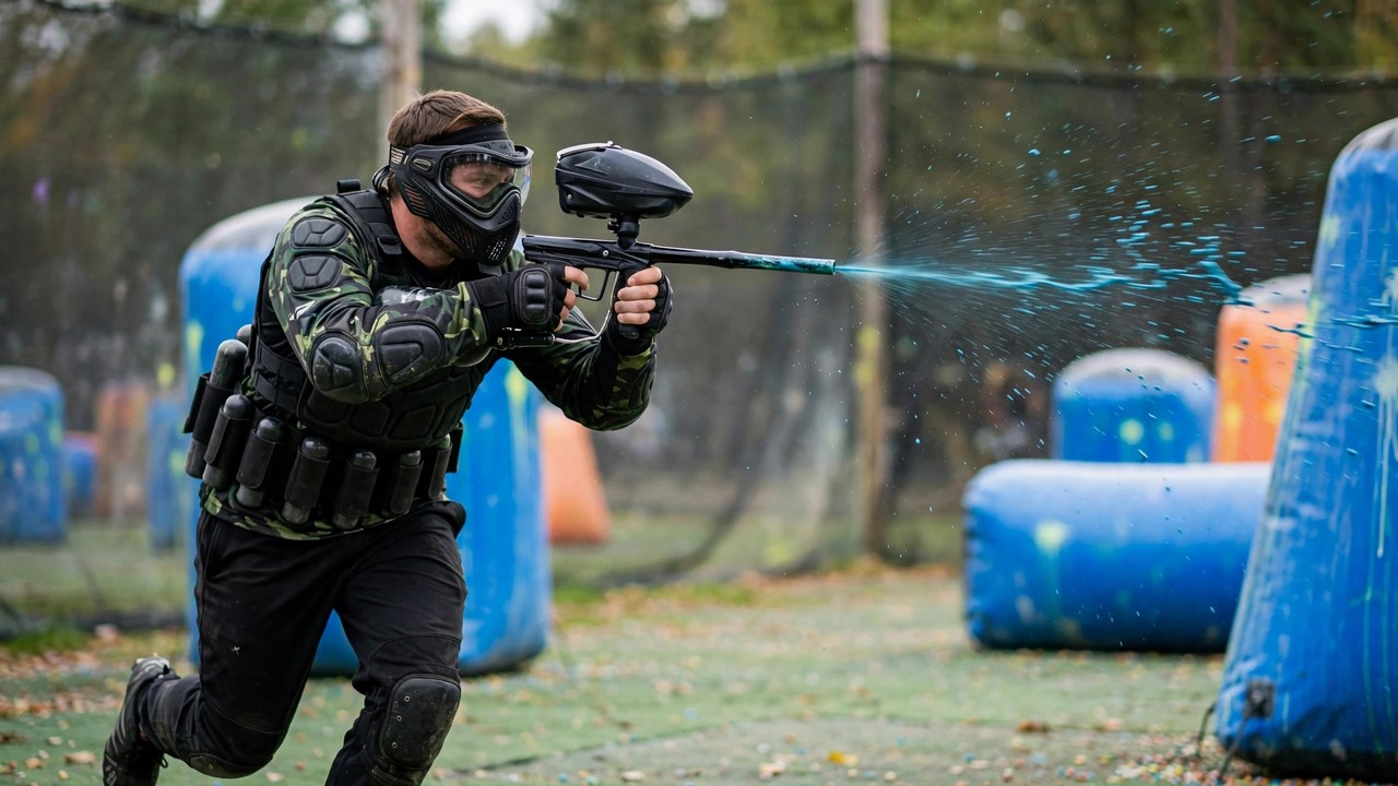 Paintball player shooting a lane immediately off the break, paint streaming