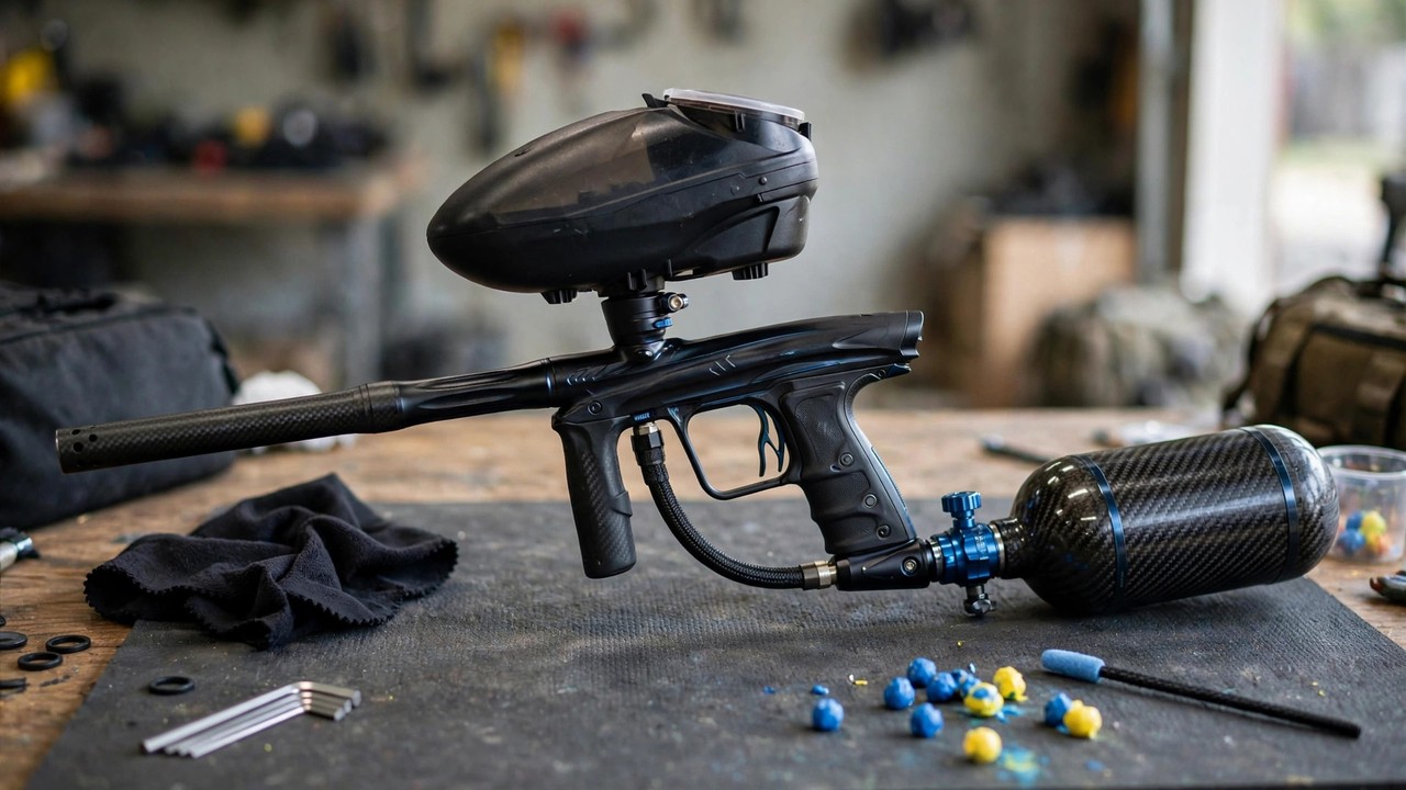 Paintball marker with an efficient air system and force-feed loader set up for laning