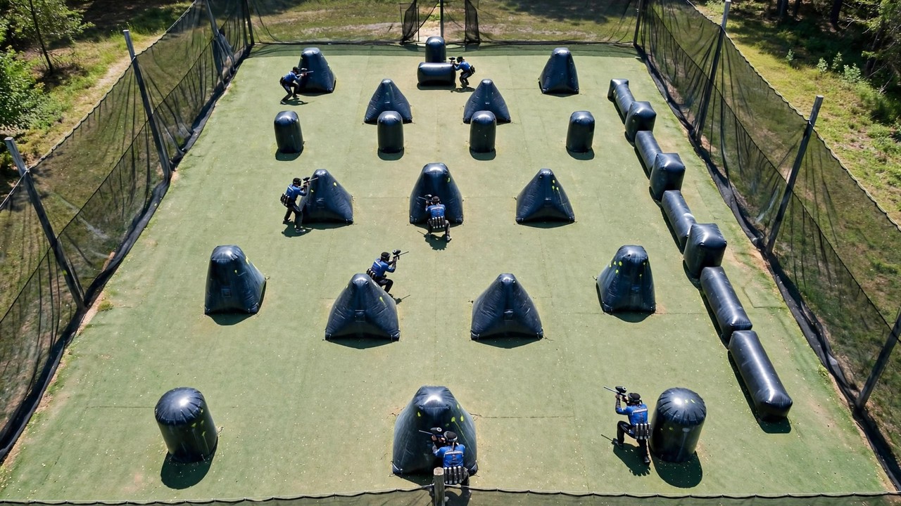 Overhead view of a speedball team spread in formation across the field