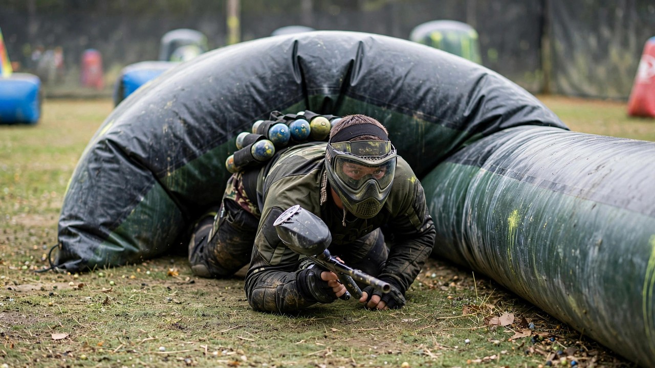 Paintball player crawling low through the snake bunker on a speedball field
