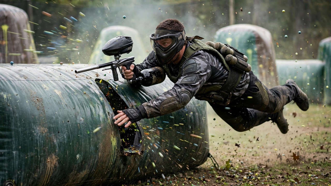 Aggressive front paintball player diving into a close bunker under fire