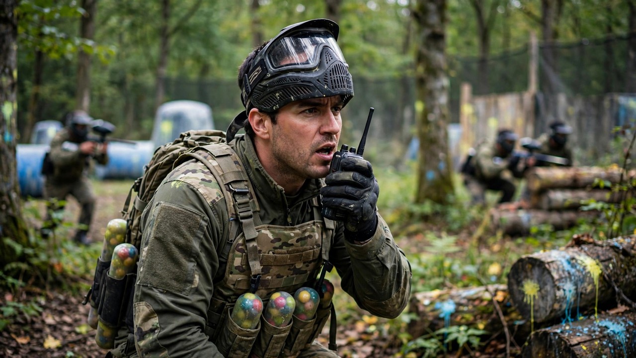 Paintball mid player relaying calls between the front and back lines