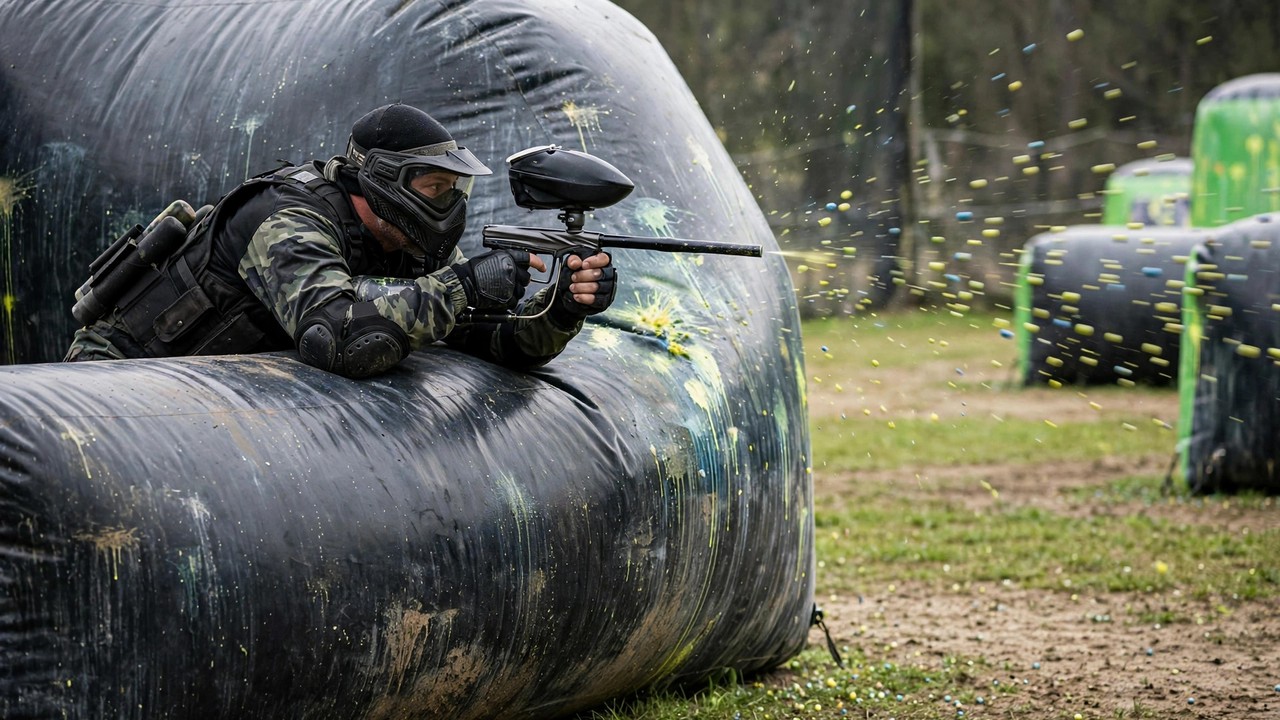 Paintball back player laying a heavy lane of paint from the home bunker