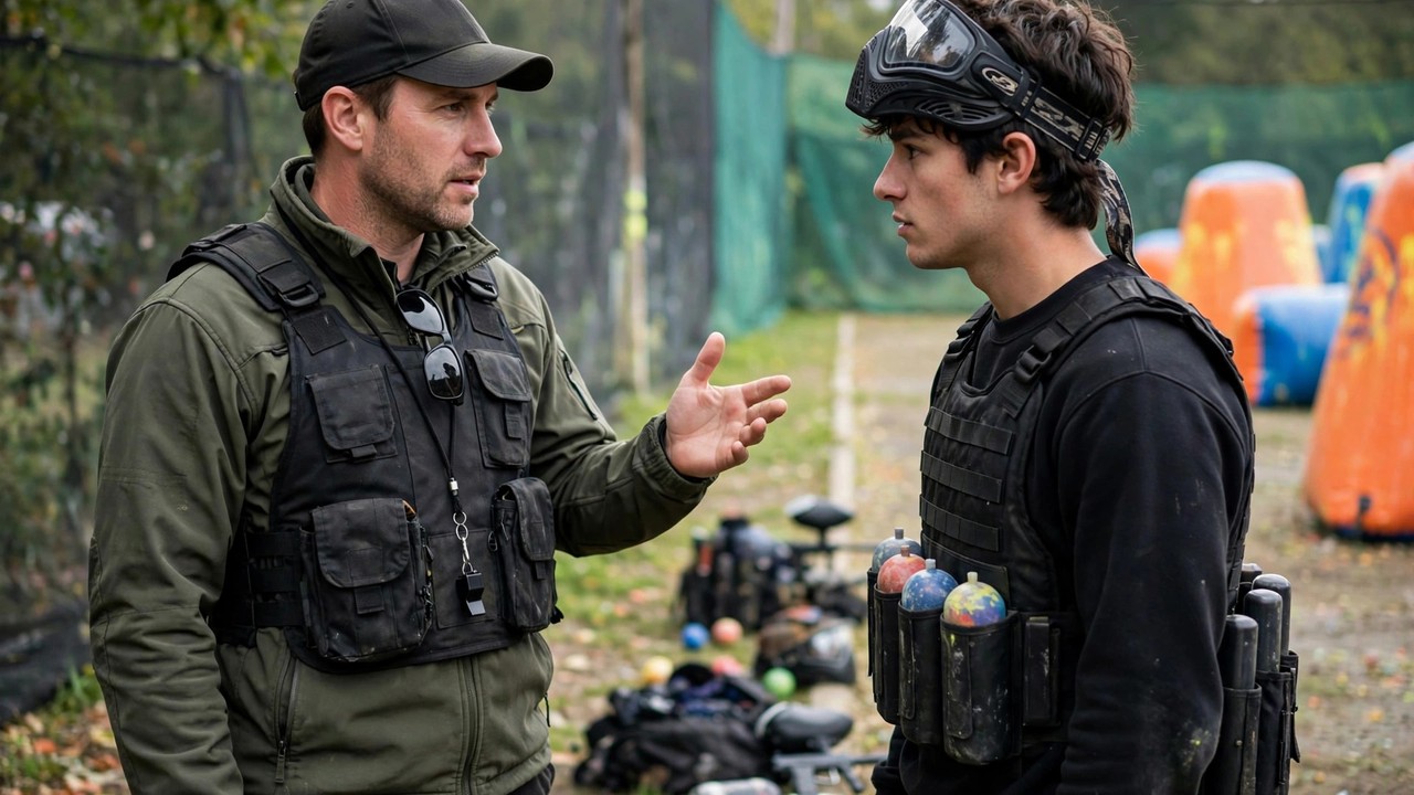 Paintball coach explaining position roles to a new player on the sideline