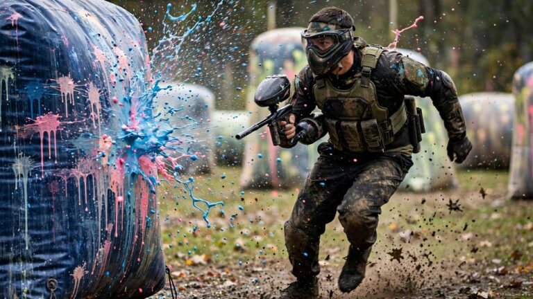 Paintball player charging an opponent's bunker at close range with paint flying