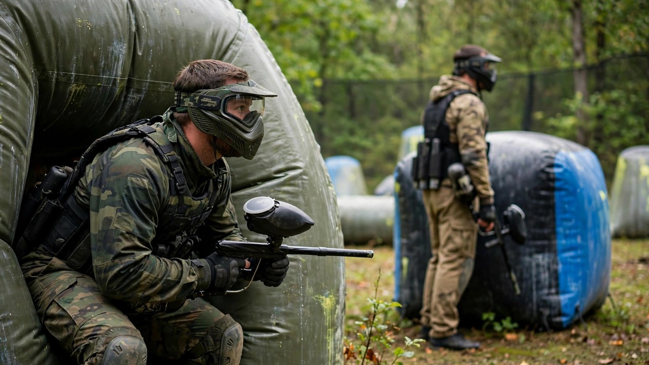 Paintball player spotting an opportunity as an opponent looks away from their bunker