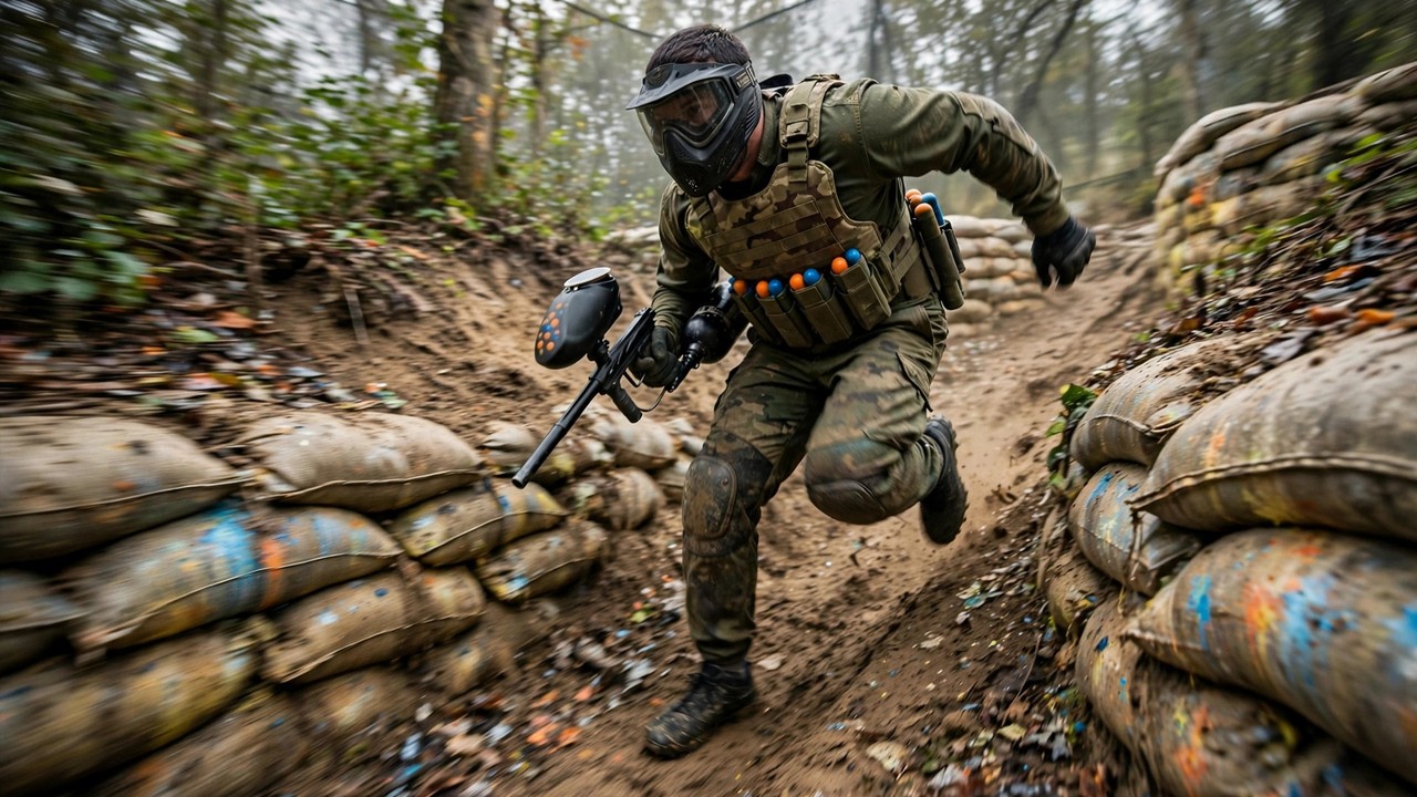 Paintball player mid-sprint running down an enemy bunker, low and fast