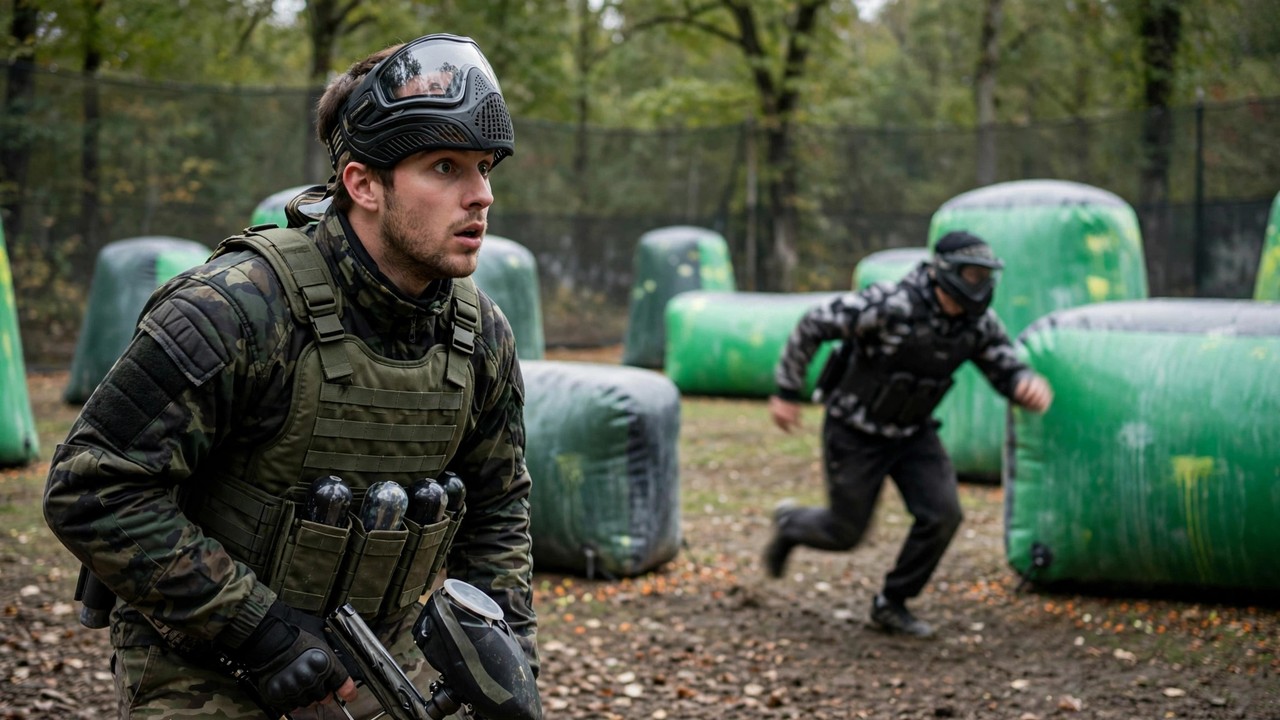 Paintball player noticing an opponent starting a bunker run toward them