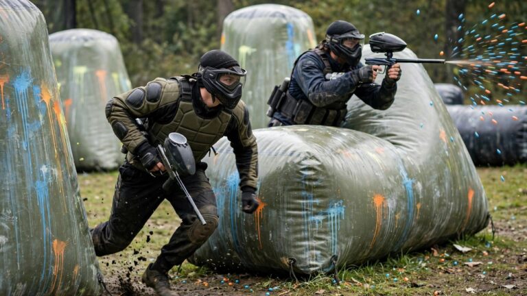 Paintball player sprinting low between bunkers while a teammate lays cover paint