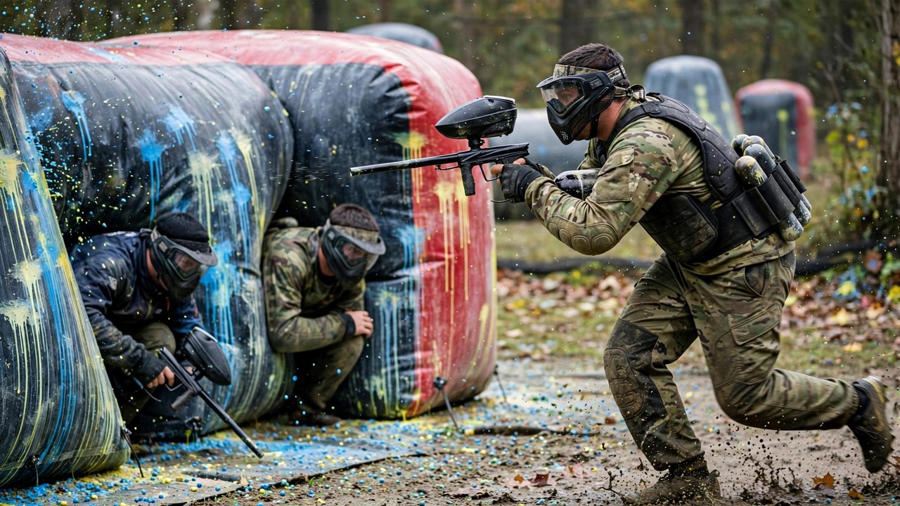 Paintball player making a successful bump while opponents are pinned by cover paint