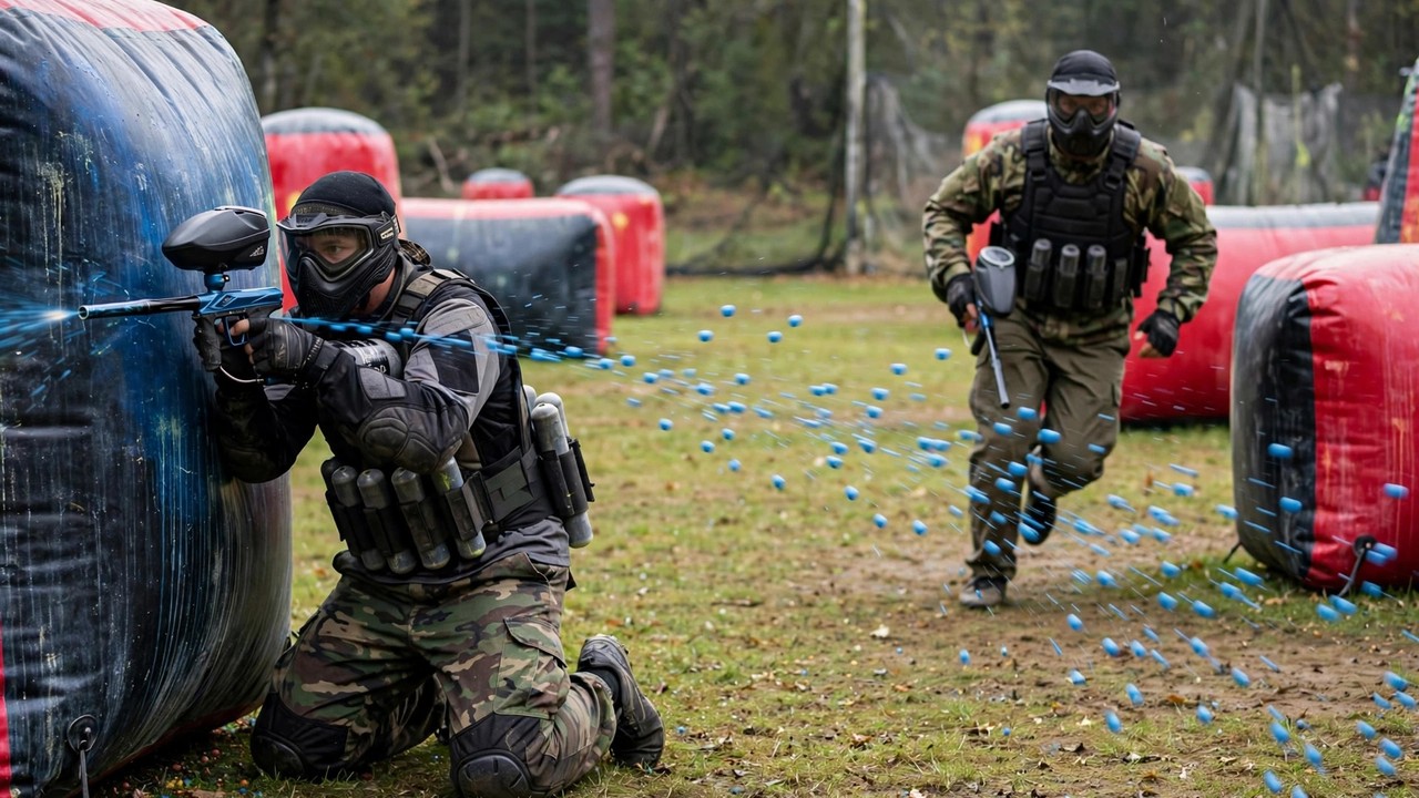 Paintball teammate laying a stream of paint while another player moves up the field