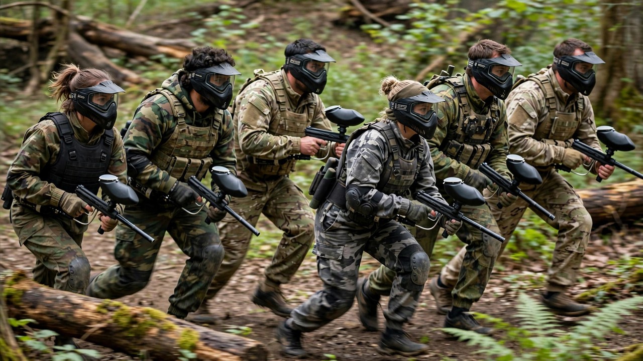 Whole paintball team shifting formation together during a coordinated bump