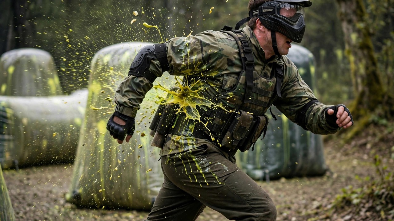 Paintball runner getting clipped mid-bump, paint breaking on their side