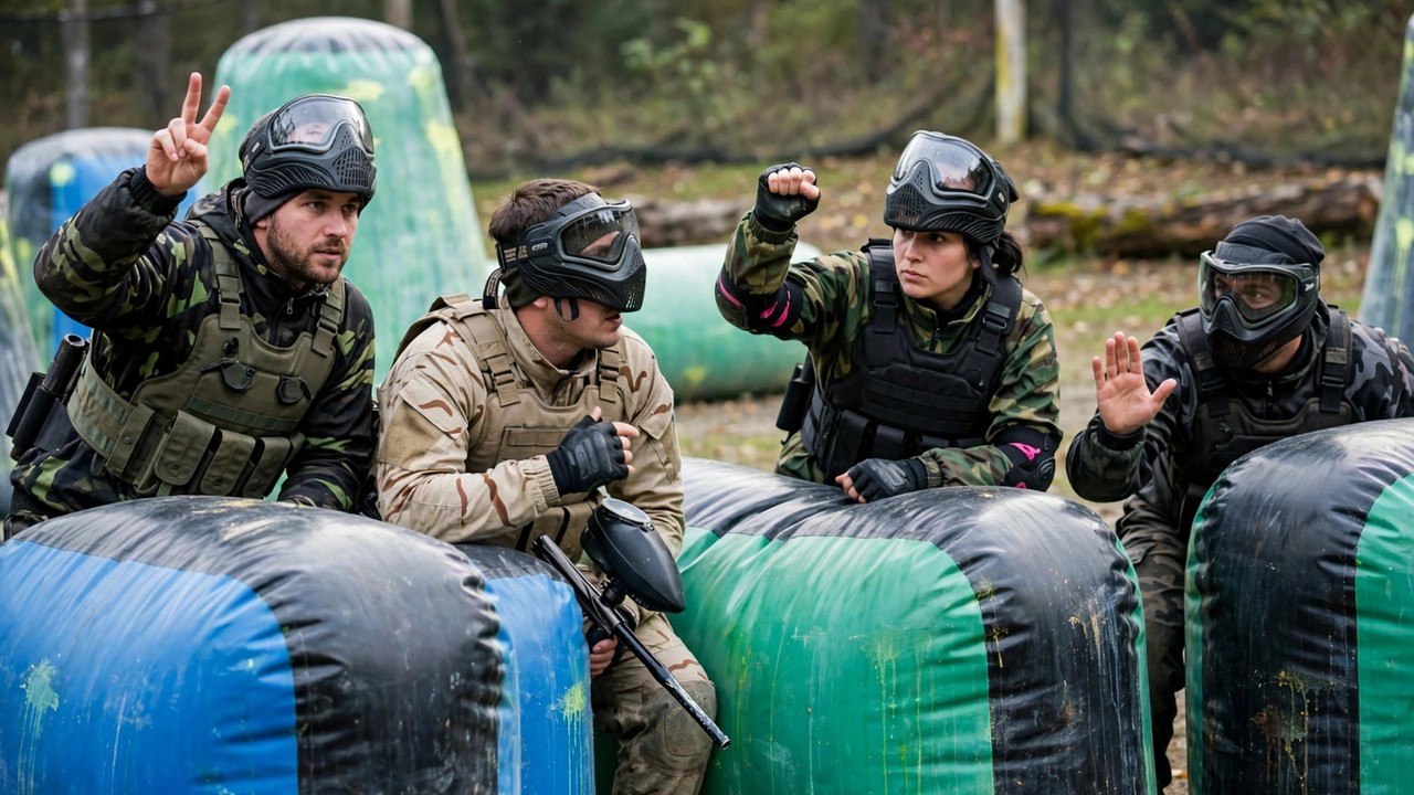 Paintball teammates coordinating with hand signals from behind bunkers