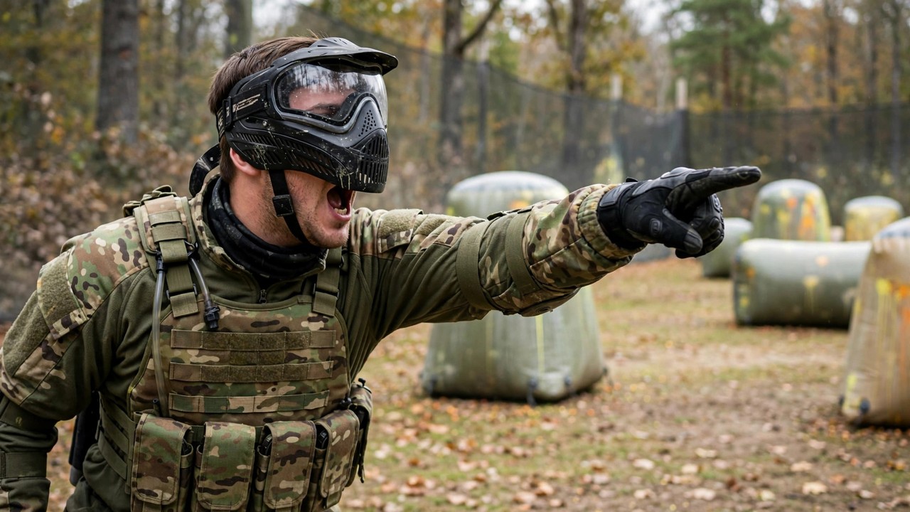 Paintball player pointing downfield while shouting a bunker callout