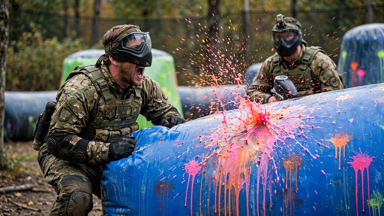 Paintball player yelling to a teammate while paint splatters against their bunker