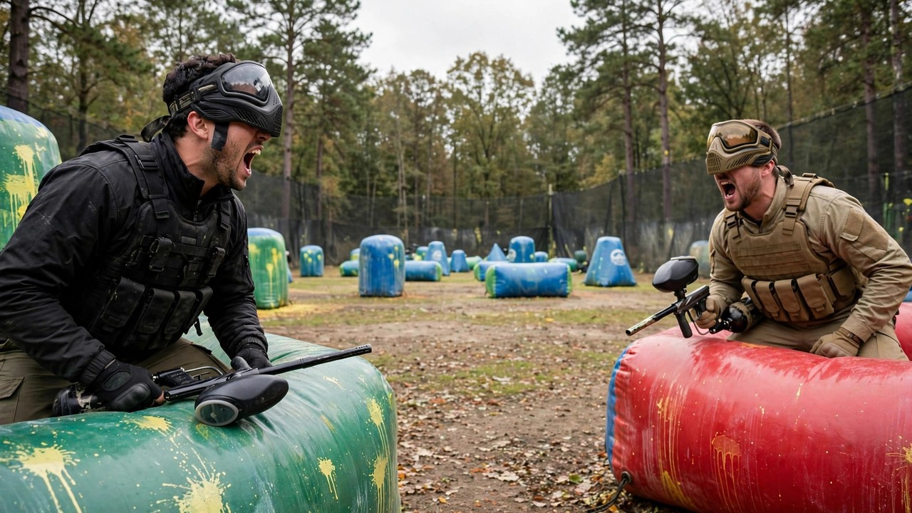 Two opposing paintball players shouting callouts across the field at each other