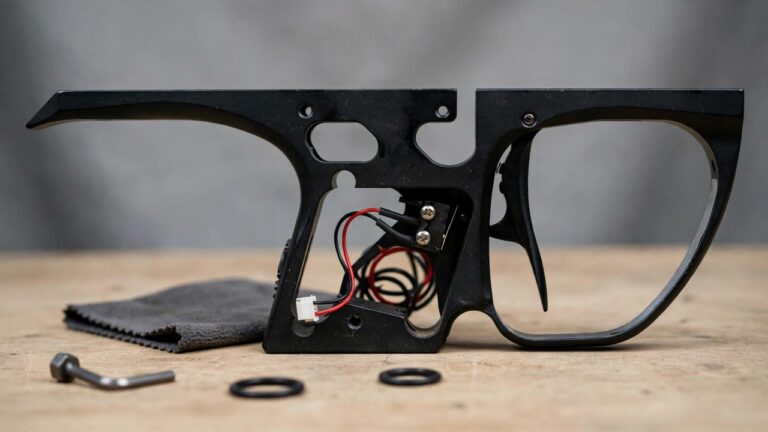 Paintball marker's electronic trigger frame on a table, studio product photo