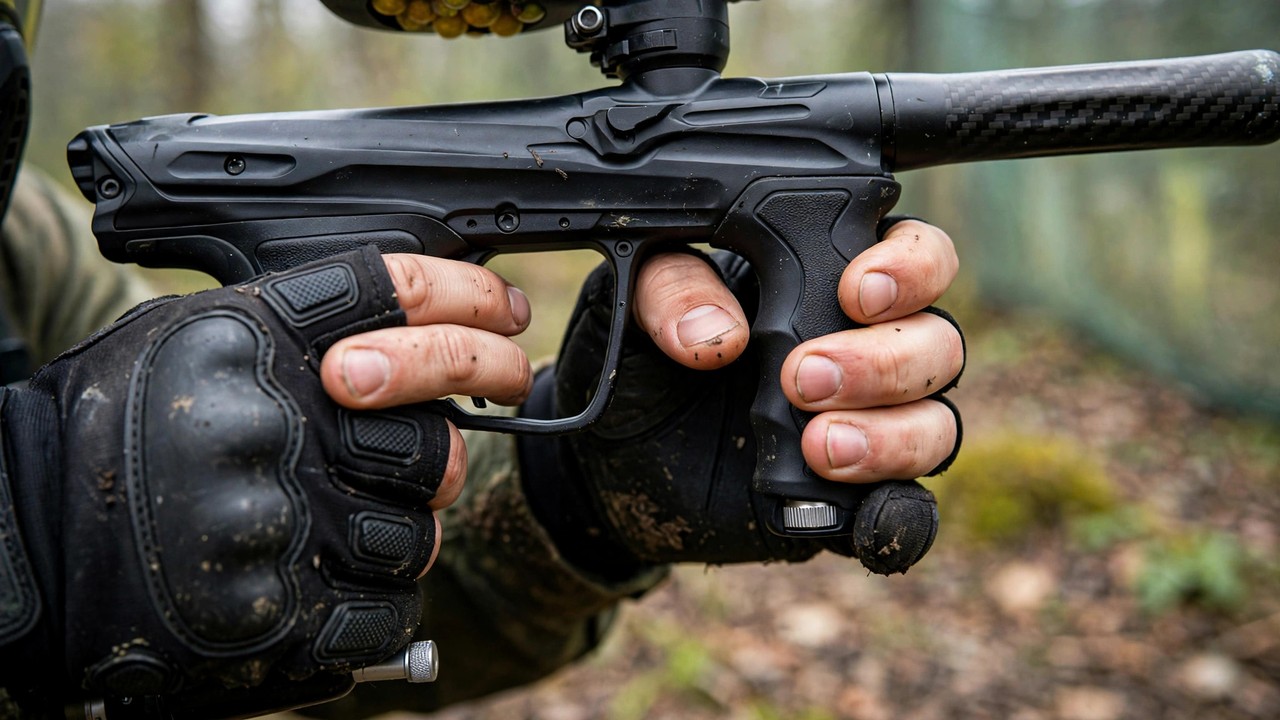 Close-up of a paintball player's grip showing proper walking-the-trigger hand position