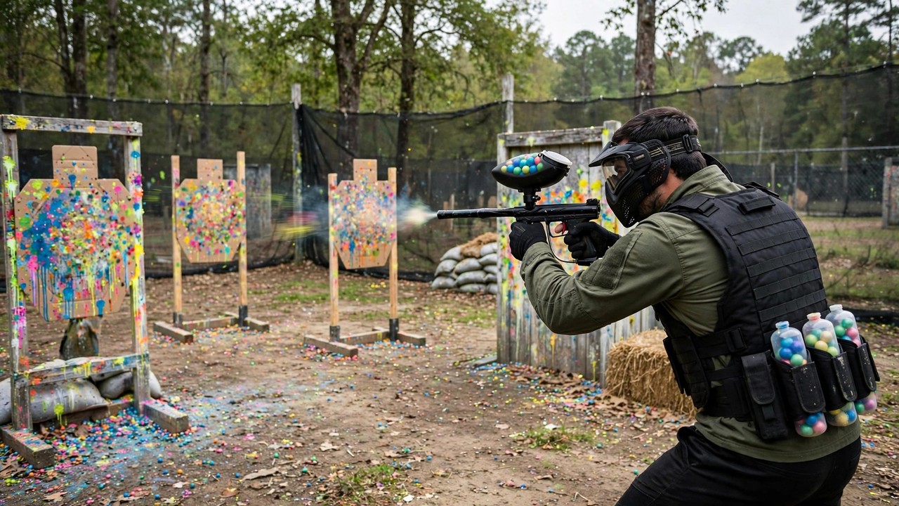 Paintball player practicing rapid shooting on a target at a practice range
