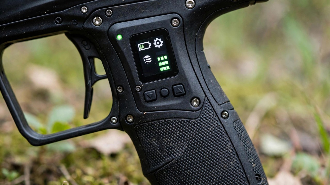 Close-up of a paintball marker grip frame showing its electronic settings panel