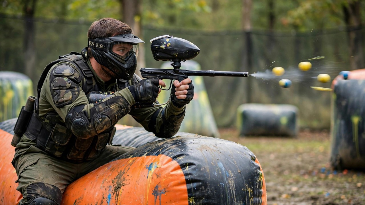 Paintball player using short controlled bursts effectively during a point