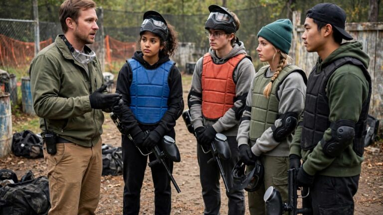 New paintball players in rental gear listening to a pre-game safety briefing