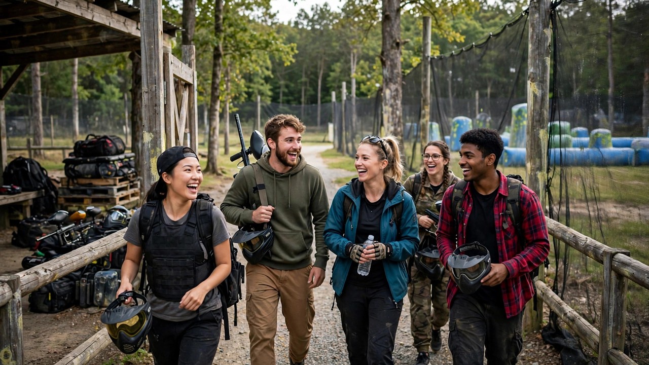 Excited new paintball players arriving at a paintball field entrance