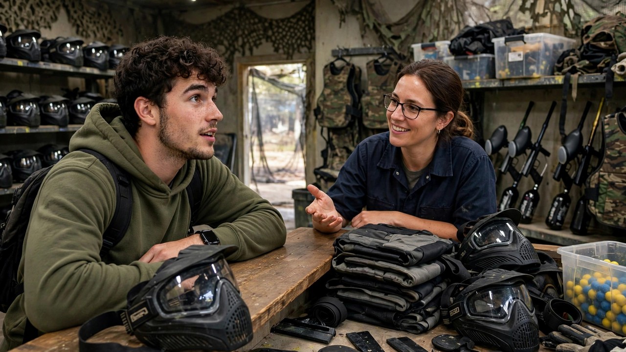 New paintball player asking questions at the rental counter