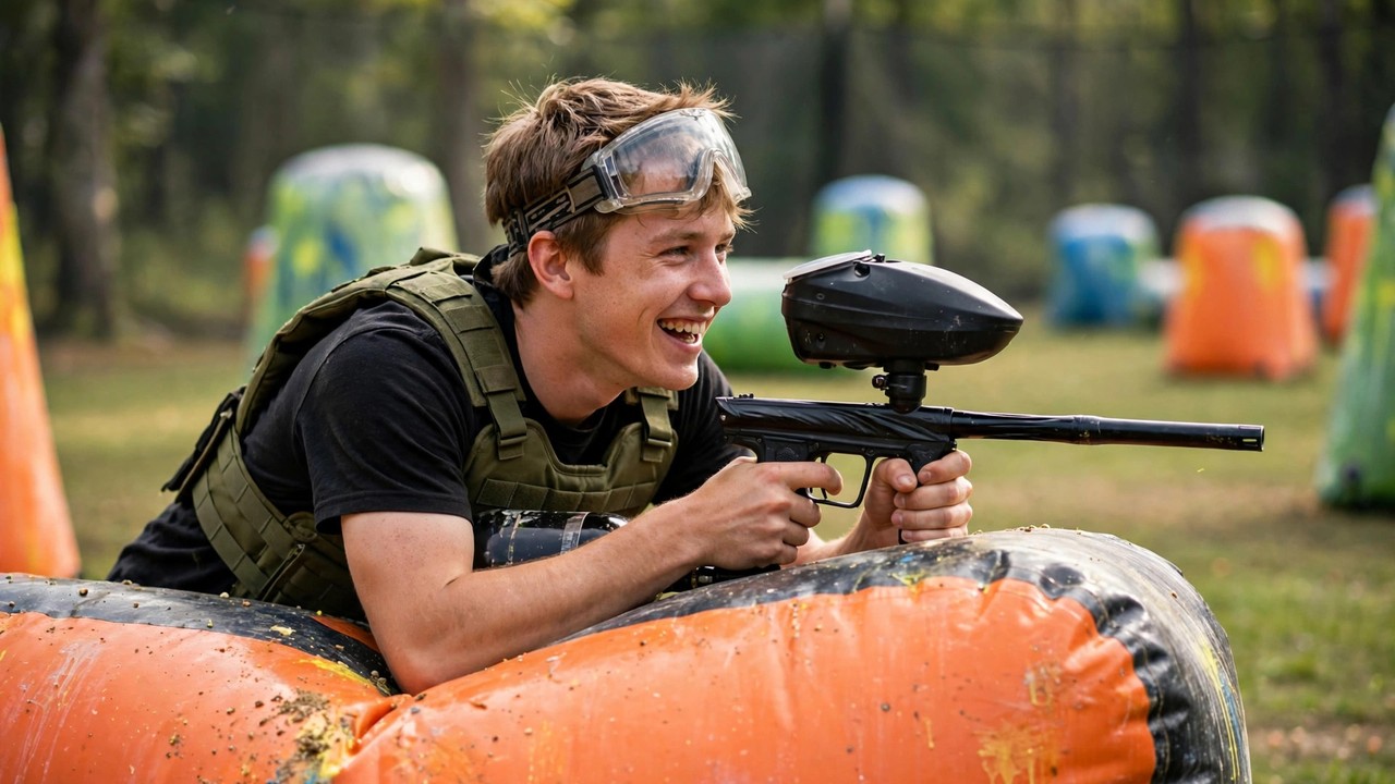Beginner paintball player playing cautiously behind a bunker, clearly having fun