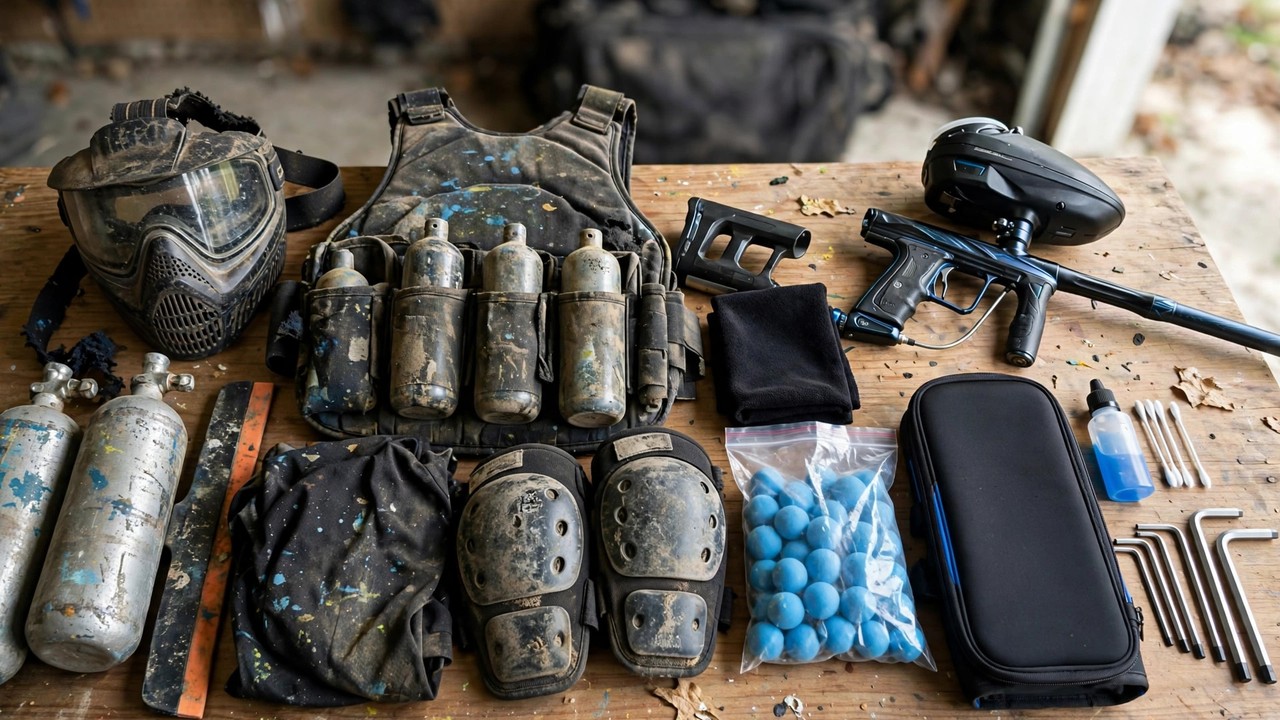 A paintball player's progression: worn rental gear beside their first owned marker