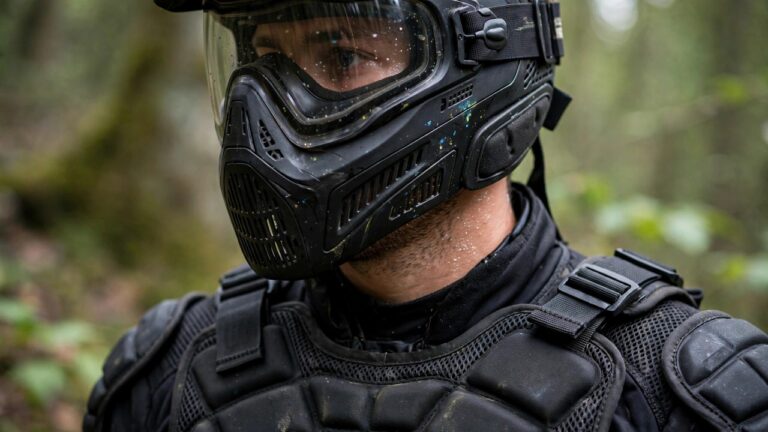 Paintball player in full-face mask and chest protector, close-up emphasizing safety gear