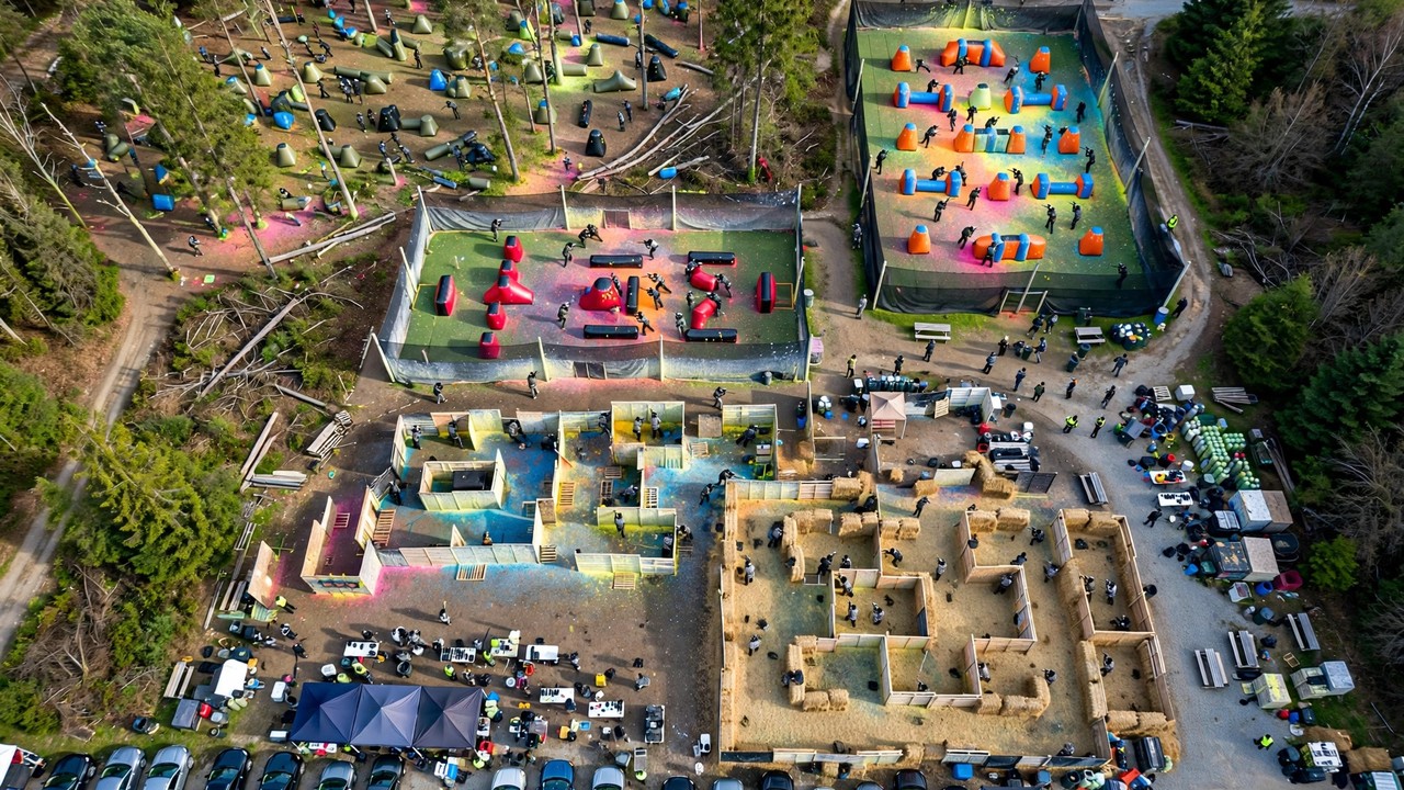 Aerial view of a busy paintball park with many simultaneous games