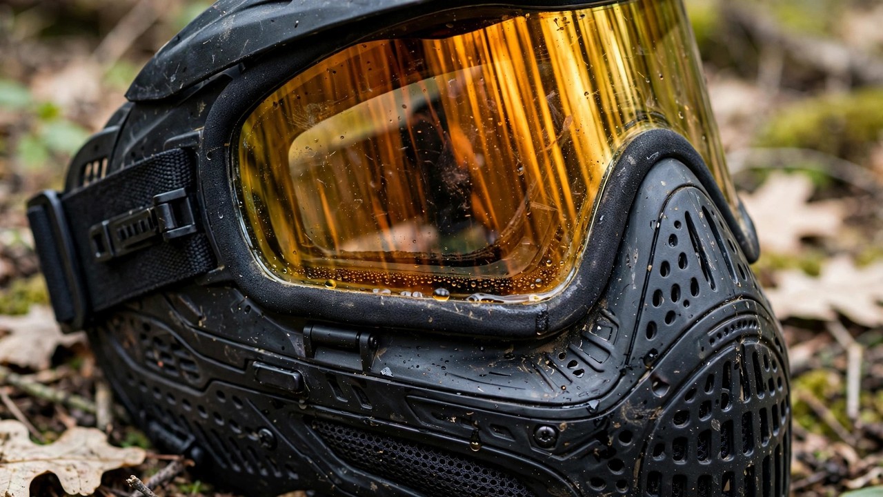 Close-up of a paintball full-face mask with thermal lens