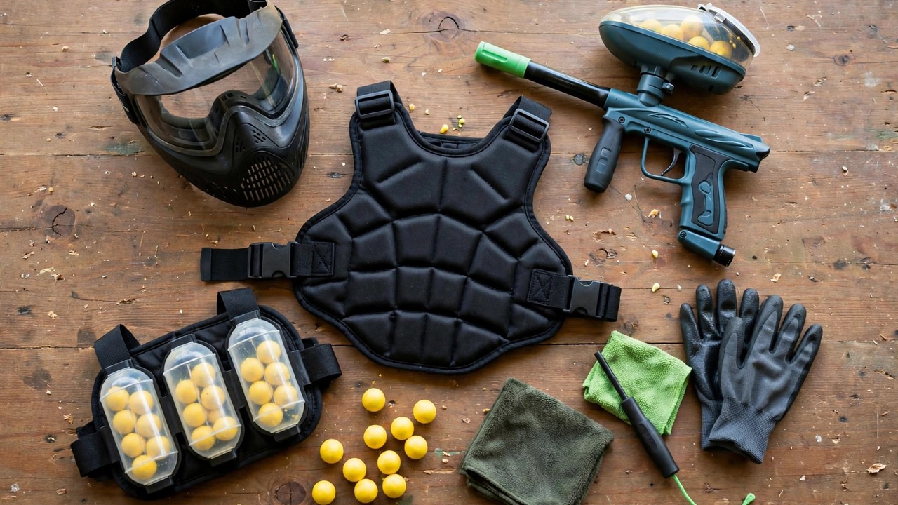 Low-impact paintball gear sized for younger players laid out on a table