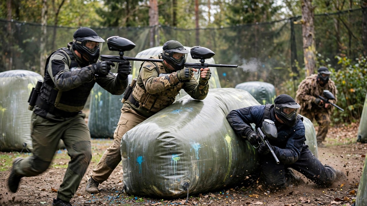 Paintball players in action during a game on the field