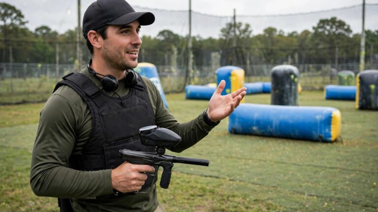 Paintball instructor holding a compact low-impact marker while explaining, empty field behind