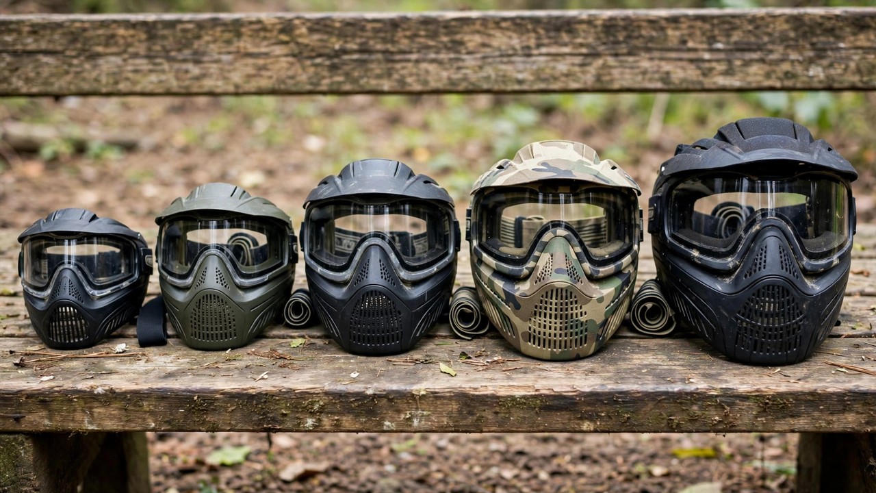 Row of paintball protective masks in different sizes on a wooden bench, smallest to largest