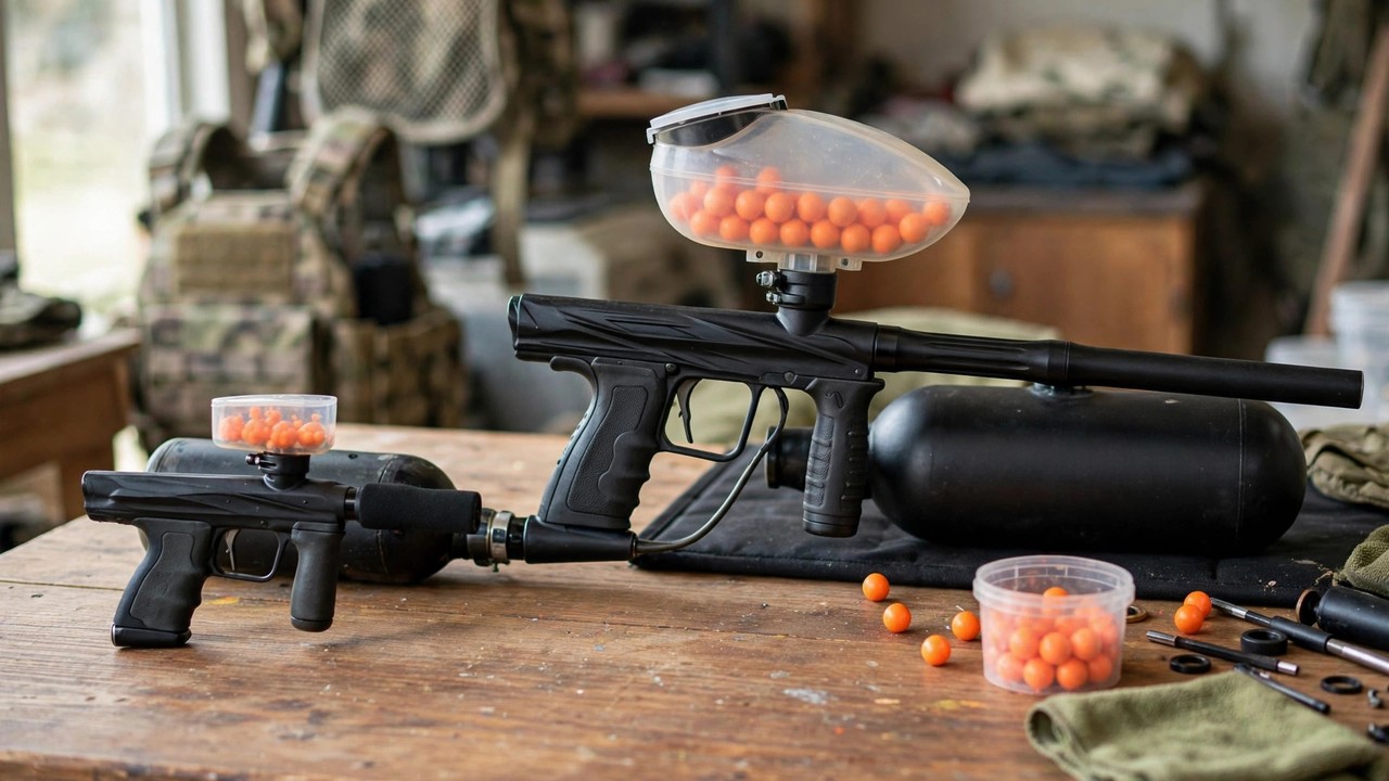 Compact low-impact paintball marker next to a full-size marker showing the size difference