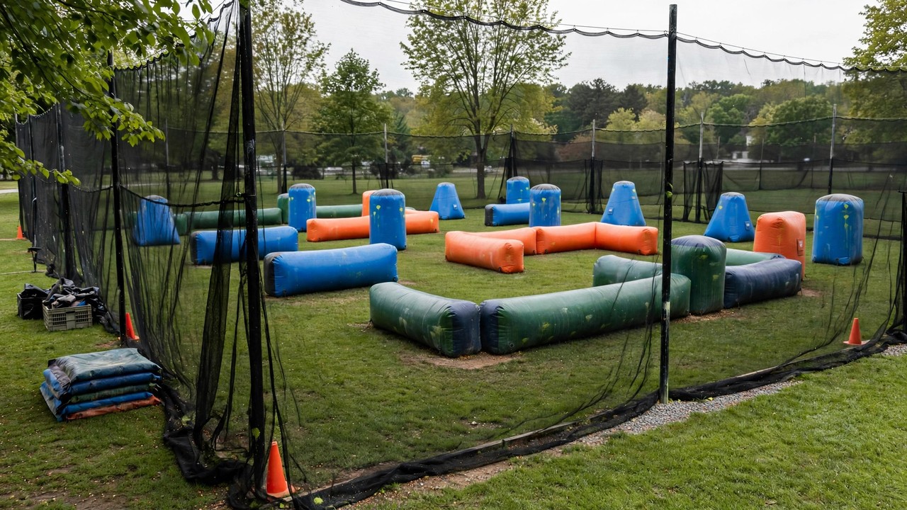 Inflatable bunkers on a compact paintball field set up for a youth session