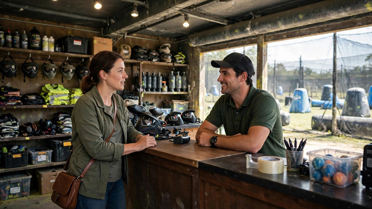 Parent discussing a kids' birthday party booking with paintball field staff