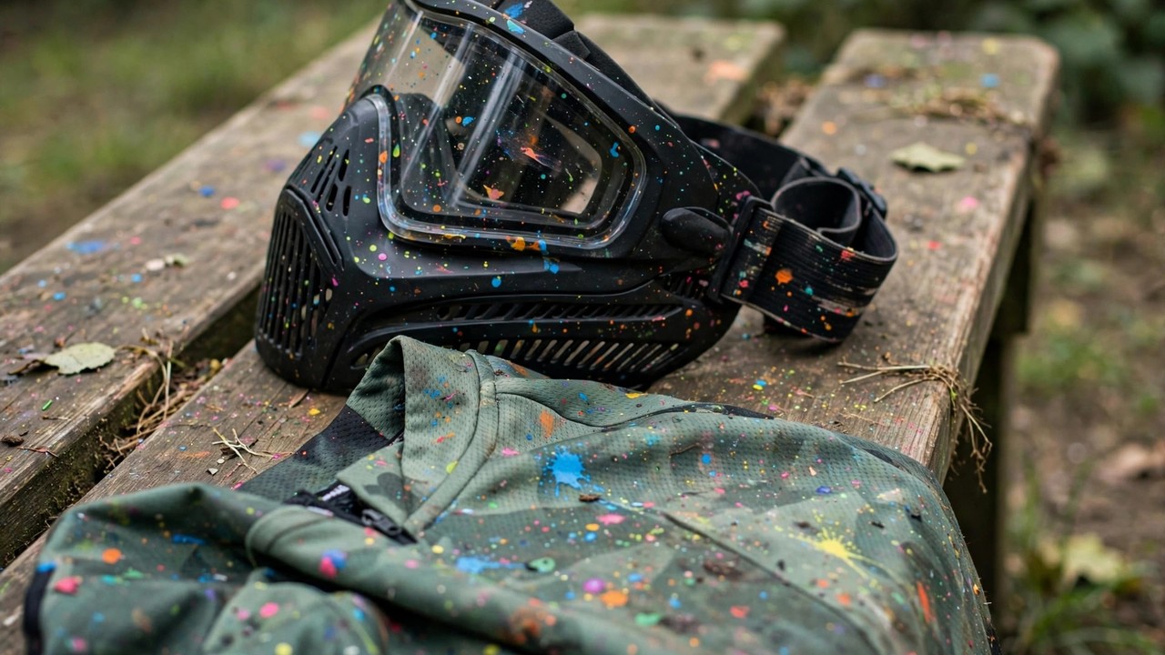 Paintball mask and jersey with small colorful paint splatters after a game on a bench