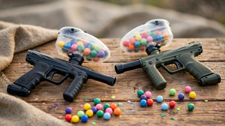 Compact low-impact 50 caliber paintball markers with hoppers and small paintballs on a wooden table