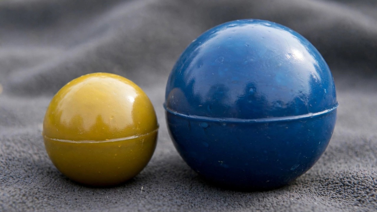 50 caliber and 68 caliber paintballs side by side showing the size difference